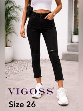 🖤👉💗 Vigoss Jagger Skinny Jeans W26 Black Distressed Raw Hem Denim | Edgy Fit